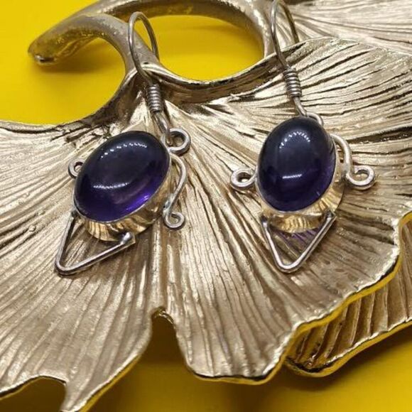Vintage Jewelry - Vintage, Blue Amethyst and .925 Sterling Silver Earrings,  3.2g Weight, 4+cm